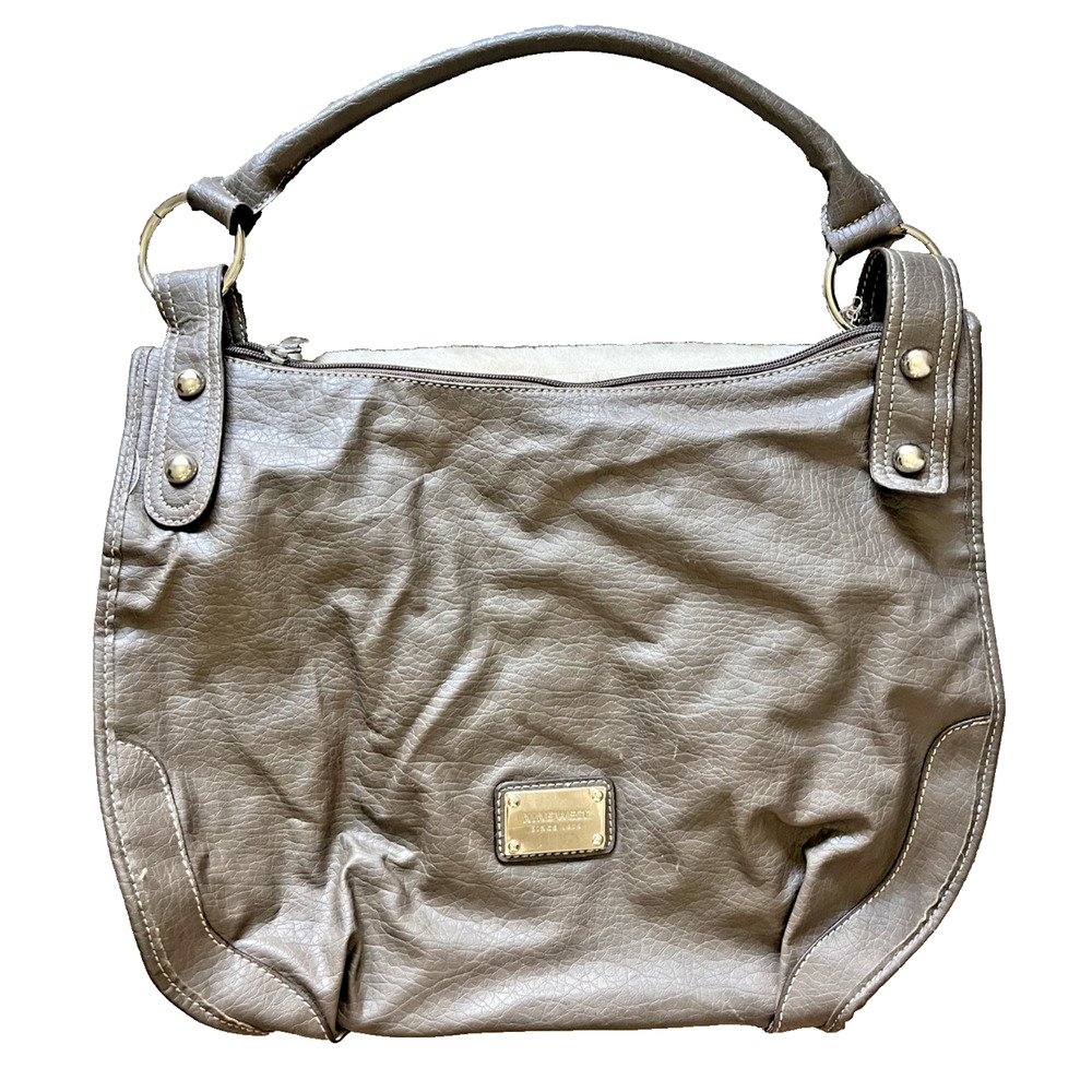 Women's Nine West Grayish Brown Large Handbag Faux Leather Gold Metal Zipper